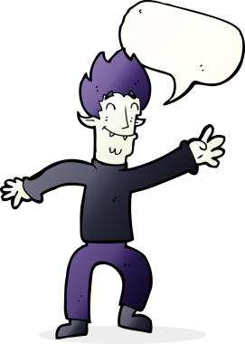 Bir insan tarafından çizilmiş konuşma balonlu mutlu vampir adam çizgi filmi.