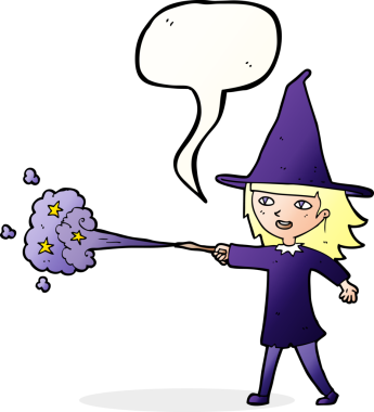 Bir insan tarafından çizilmiş konuşma balonuyla büyülenmiş cadı kız çizgi filmi.