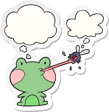 İnsan tarafından çizilmiş bir çıkartma gibi düşünce baloncuğuyla sinek yakalayan kurbağa.