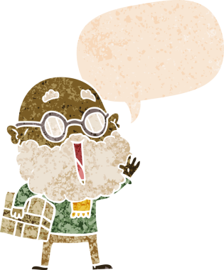 Komik sakallı ve kolunun altında konuşma baloncuğu olan neşeli bir çizgi film karakteri bir insan tarafından çizilmiş.