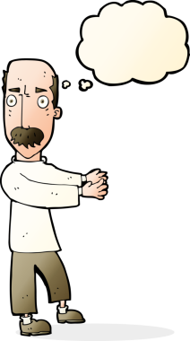 Bir insan tarafından çizilmiş düşünce baloncuğuyla açıklama yapan keltoş bir adam.