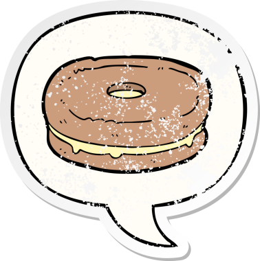 Konuşma balonlu çizgi film bisküvisi bir insan tarafından çizilmiş sıkıntılı eski bir çıkartma