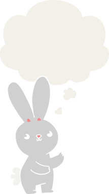 Bir insan tarafından çizilmiş düşünce baloncuklu sevimli çizgi film tavşanı.