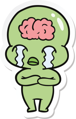 Bir çizgi film çıkartması. Bir insan tarafından çizilmiş büyük beyinli uzaylı ağlaması.