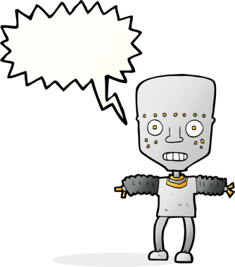 Bir insan tarafından çizilmiş konuşma balonu olan çizgi film robotu.