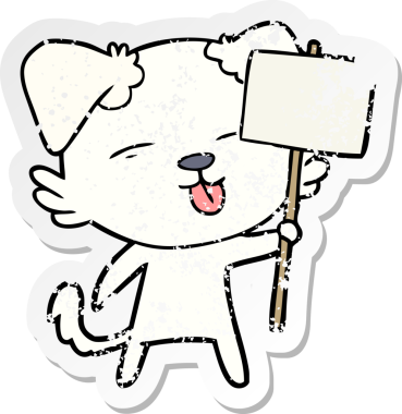 Bir insan tarafından çizilmiş tabela tutan bir köpek çıkartması.