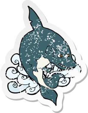 Bir insan tarafından çizilmiş komik bir karikatür köpekbalığının tedirgin edilmiş retro etiketi