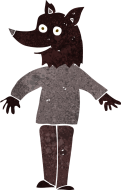 Bir insan tarafından çizilmiş mutlu kurt adam çizgi filmi.