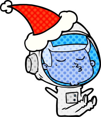Bir insan tarafından çizilmiş Noel Baba şapkası giyen kendine güvenen bir astronotun el çizimi çizgi roman çizimi.