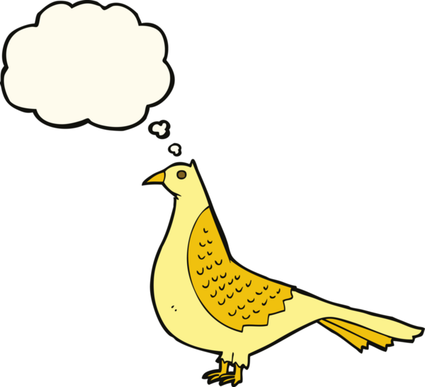 Bir insan tarafından çizilmiş düşünce baloncuklu çizgi film kuşu.