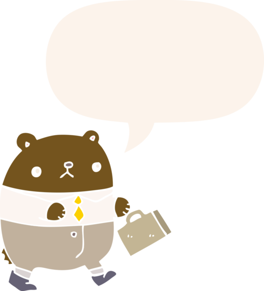 İş kıyafetleri içindeki çizgi film ayısı. Konuşma baloncuğu eski moda bir insan tarafından çizilmiş.