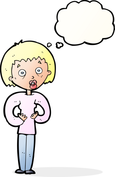 Bir insan tarafından çizilmiş düşünce baloncuğuyla kendine el kol hareketi yapan karikatür kadını.