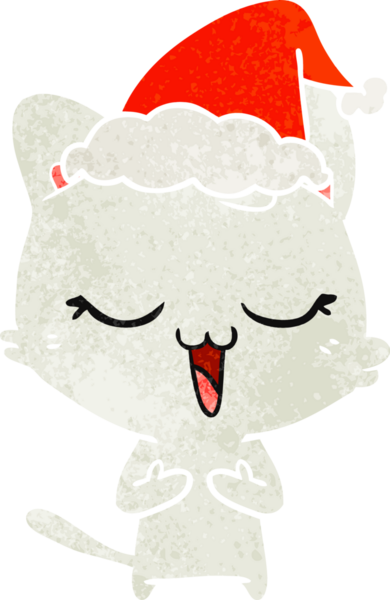 Mutlu el çizimi, Noel Baba şapkası takan bir kedinin insan tarafından çizilmiş retro karikatürü.