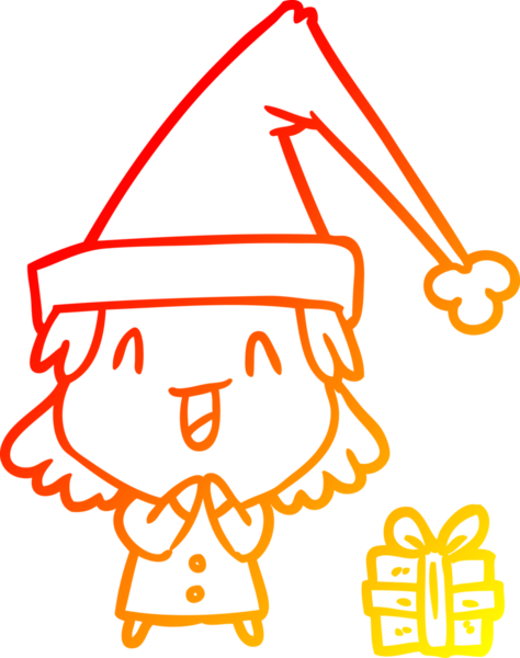 Bir insan tarafından çizilmiş Noel şapkası giyen bir kızın sıcak çizgi çizimi.