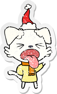 Bir insan tarafından çizilmiş eşarp takan ve Noel Baba şapkası takan bir köpeğin kederli çıkartması.