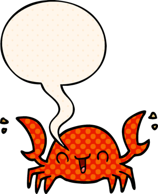 Bir insan tarafından çizilmiş çizgi roman tarzında konuşma baloncuklu bir yengeç.