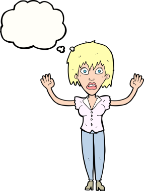 Bir insan tarafından çizilen düşünce baloncuğuyla strese giren çizgi film kadını.