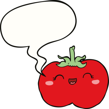 Bir insan tarafından çizilmiş konuşma baloncuklu domates.