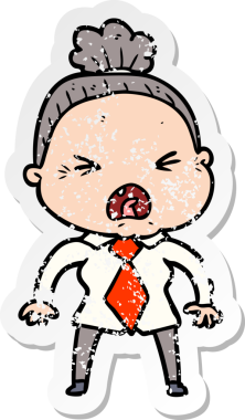 Bir insan tarafından çizilmiş kızgın yaşlı bir kadının sıkıntılı çıkartması.