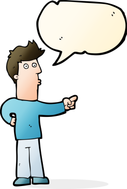 Bir insan tarafından çizilmiş bir konuşma balonuyla işaret eden çizgi film adamı.