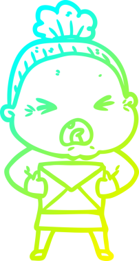 Bir insan tarafından çizilmiş kızgın yaşlı bir kadının soğuk çizgi çizimi.