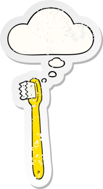 Düşünce baloncuklu karikatür diş fırçası bir insan tarafından çizilmiş yıpranmış bir çıkartma.