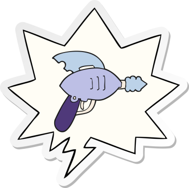 Bir insan tarafından çizilmiş konuşma balonu çıkartmalı karikatür ışın silahı.