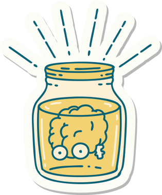 Kavanozda bir insan tarafından çizilmiş dövme stili bir beyin çıkartması.