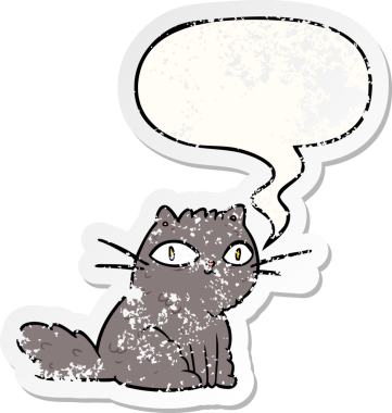 Çizgi film kedisi, bir insan tarafından çizilmiş sıkıntılı bir çıkartmayla sana bakıyor.