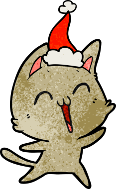 Mutlu el çizimi bir insan tarafından çizilmiş Noel Baba şapkası takan bir kedi.