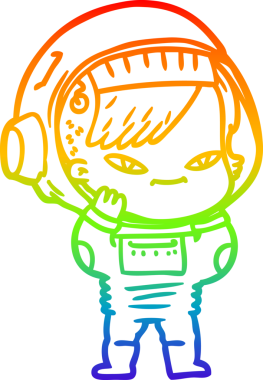 Gökkuşağı gradyan çizgi çizimi bir insan tarafından çizilmiş astronot bir kadın.