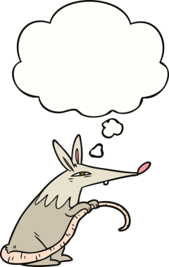 Bir insan tarafından çizilmiş düşünce baloncuklu çizgi film faresi.