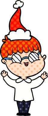 Bir insanın çizdiği Noel Baba şapkası takan gözlüklü bir çocuğun el çizimi çizgi roman tasviri.