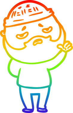 Bir insan tarafından çizilmiş sakallı, endişeli bir çizgi film çizimi.