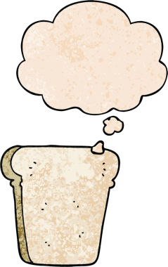 Bir insan tarafından çizilmiş grunge desenli düşünce baloncuklu bir ekmek dilimi.