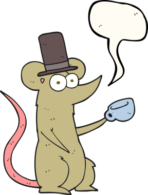 Bir insan tarafından çizilmiş fincanlı ve silindir şapkalı serbest konuşma balonu çizgi film faresi