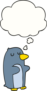 Bir insan tarafından çizilmiş düşünce baloncuklu penguen.