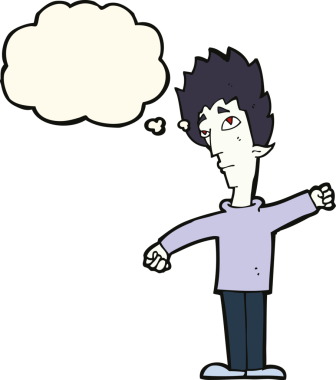 Bir insan tarafından çizilmiş düşünce balonlu vampir adam.