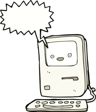 bir insan tarafından çizilmiş konuşma baloncuklu eski bir bilgisayar