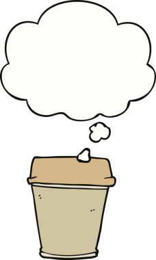 Bir insan tarafından çizilmiş düşünce baloncuklu kahveyi dışarı çıkar.