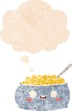 Hoş bir çizgi film kasesi. Düşünce baloncuğu ve grunge dertli retro desenli bir insan çizimi.