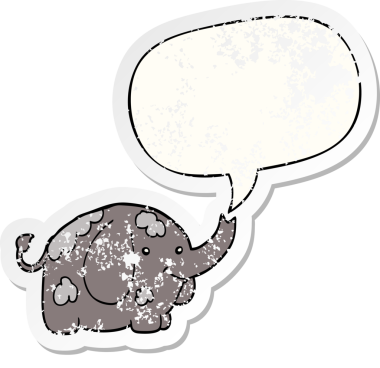 Konuşma baloncuğu olan karikatür fili bir insan tarafından çizilmiş sıkıntılı eski bir çıkartma