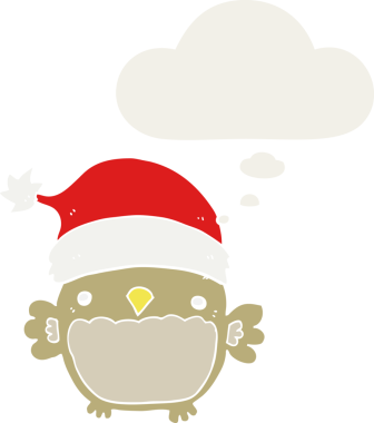 Bir insan tarafından çizilmiş düşünce baloncuğu olan sevimli noel baykuşu.