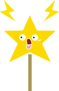 Bir insan tarafından çizilmiş sihirli değneğin düz renkli retro karikatürü