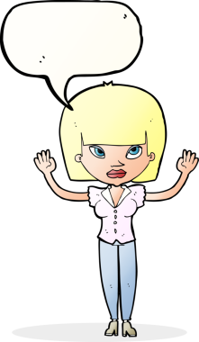 Bir insan tarafından çizilmiş konuşma baloncuğu olan ellerini kaldırmış çizgi film kadını.