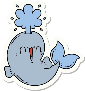 Dövme stili çıkartma. Bir insan tarafından çizilmiş mutlu, fışkırtan balina karakteri.