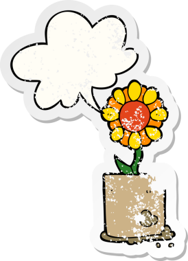 Konuşma baloncuğu olan karikatür çiçeği bir insan tarafından çizilmiş sıkıntılı eski bir çıkartma