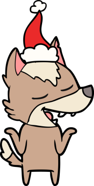 Bir insanın çizdiği Noel Baba şapkasıyla gülen bir kurdun el çizimi.