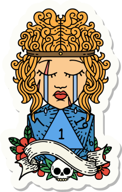 Bir insan tarafından çizilmiş doğal bir d20 rulo ile ağlayan bir insan barbarının çıkartması.