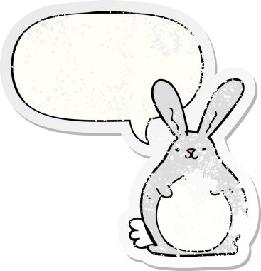 Konuşma baloncuğu olan çizgi film tavşanı bir insan tarafından çizilmiş sıkıntılı eski bir çıkartma